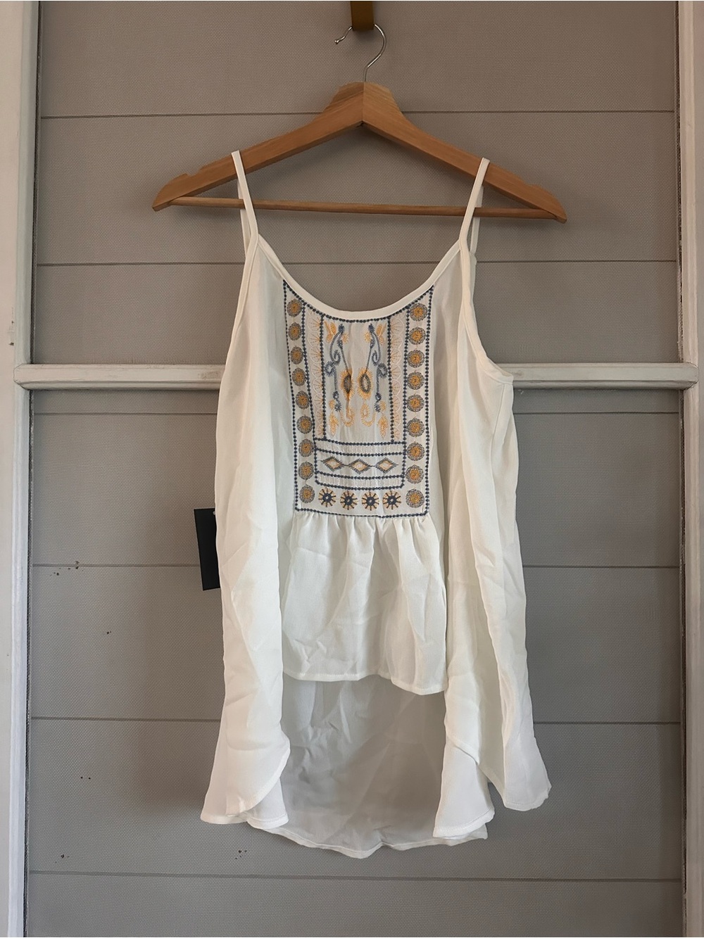 White Embroidered High-Low Camisole with Yellow and Blue Accents